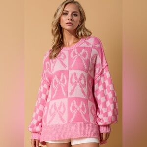 Double Take Full Size Checkered Bow Contrast Long Sleeve Sweater
